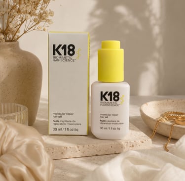 K18 Molecular Repair Hair Oil product image with white and yellow packaging