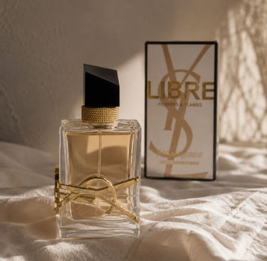 YSL Libre Flowers & Flames perfume bottle with luxury packaging on soft fabric background.