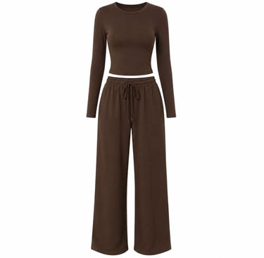 Minimal brown two piece lounge set with fitted top and relaxed wide leg pants displayed.