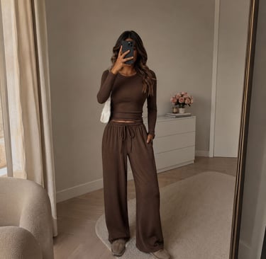 Woman wearing a chocolate brown lounge set with wide leg pants and fitted long sleeve top.