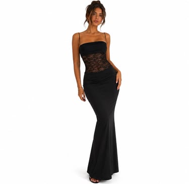 Front and back view of a fitted black lace maxi dress with thin straps and elegant bodycon fit.