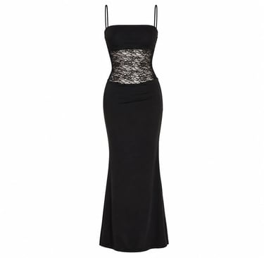 Elegant black lace maxi dress displayed on a clean white background with fitted mermaid silhouette.