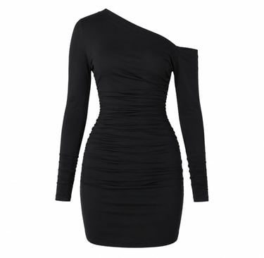 Black one shoulder ruched mini dress displayed on a clean white background with chic evening style.