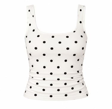 White polka dot fitted square neck top displayed on a clean white background.