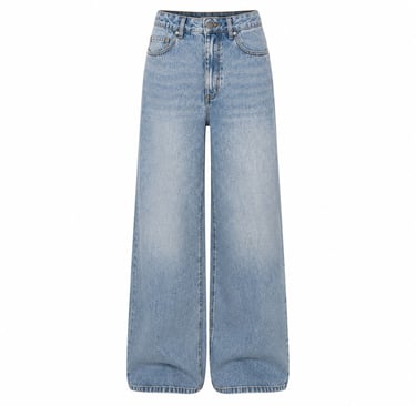 Minimal light blue wide leg jeans displayed on a clean neutral background with relaxed trendy fit.