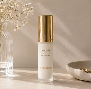 Hourglass priming moisturizer with gold packaging on a soft beige background.