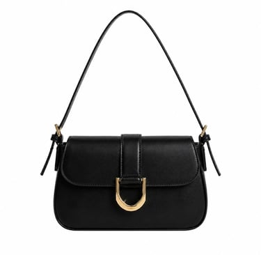 Elegant black shoulder bag with minimalist gold hardware and structured shape.