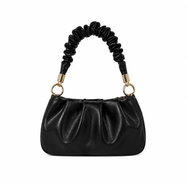 Elegant black ruched mini handbag with soft gathered details.