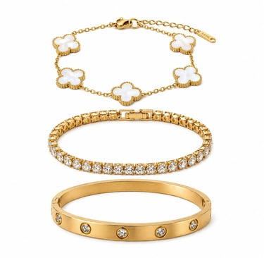Elegant layered gold bracelet set.