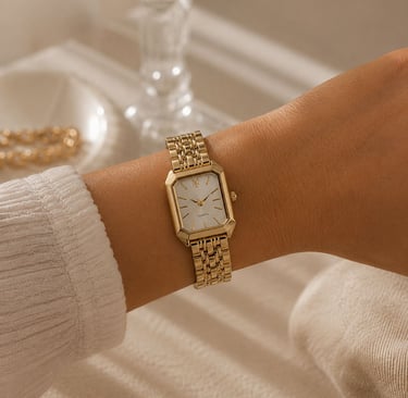 Luxury looking gold watch on wrist.