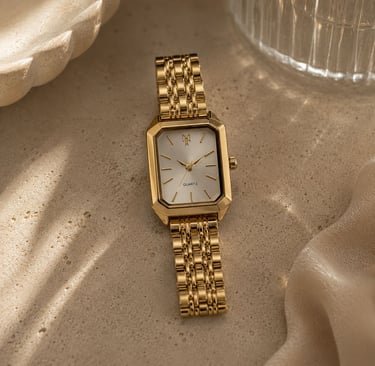 Rectangular gold wrist watch.