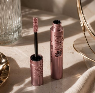 Luxury flatlay of Maybelline Sky High Mascara with soft beige tones, natural lighting, and elegant.