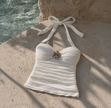 White ruched halter top with feminine summer look