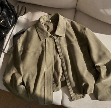 Oversized khaki jacket with soft suede look and classy aesthetic