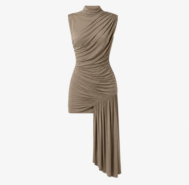 Elegant taupe mini dress with soft ruching and chic asymmetrical silhouette on neutral background