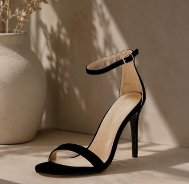 Single black stiletto heel with elegant ankle strap photographed against a minimalist beige luxury