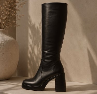 Black knee high boot with chunky heel