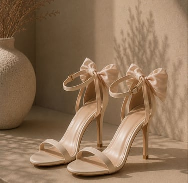 Pair of beige bow strap heels styled in warm natural light with a luxury aesthetic.