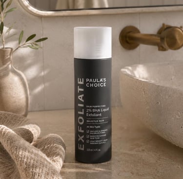 Paula’s Choice 2% BHA Exfoliant on a bathroom countertop beside a stone sink