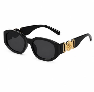 Black luxury sunglasses with gold accents isolated on a clean white background.