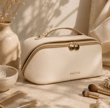 Beige makeup bag organizer with gold zipper details on a neutral vanity setup