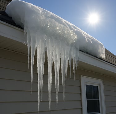 Ice dam on roof leak caused