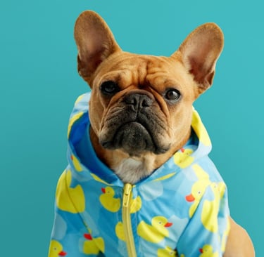 Un bulldog francés marrón con un impermeable azul con forma de patito sobre un fondo verde azulado