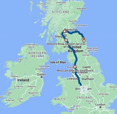 Map of our journey in the UK