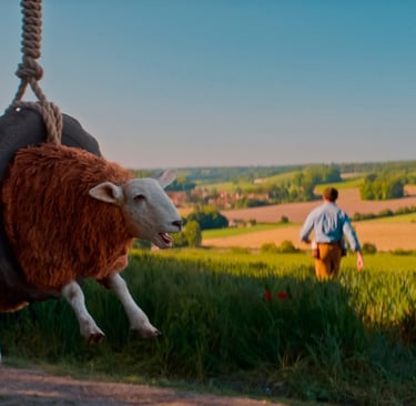 A sheep hanging on a tree swing tyre