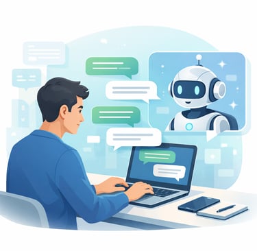 Ilustração mostrando uma pessoa conversando com o ChatGPT em um computador enquanto a inteligência a