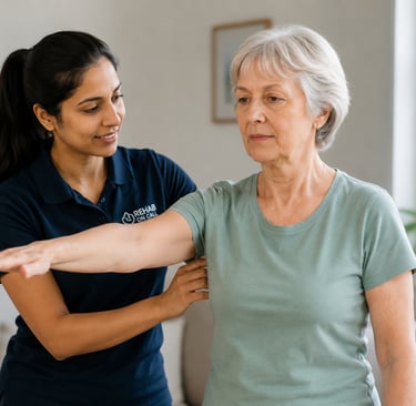 A female physiotherapist assists a senior woman with arm mobility exercises during a home rehabilitation session.