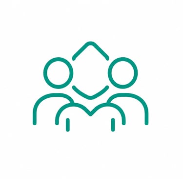 Minimalist teal community icon featuring three stylized people symbols for teamwork and unity.