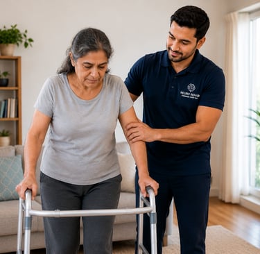 A male physical therapist assists a senior woman using a walker for mobility at home.