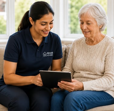 A female home health care provider showing a senior woman a digital tablet during a rehab at home visit.