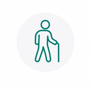 Green line icon of an elderly person walking with a cane inside a circular frame.