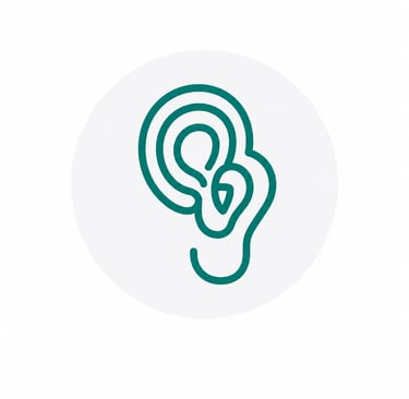 Minimalist teal ear icon representing hearing health and audiology services.