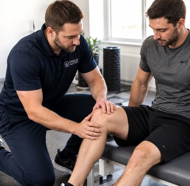 A physical therapist performing a knee examination on a male patient in a sports clinic.