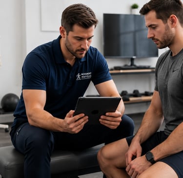 Professional physiotherapist showing rehabilitation data on a tablet to a male patient in a clinic.