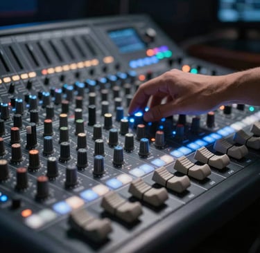 A close-up shot of a professional studio mixing console with subtle glowing light blue and light grey LEDs. The environment is dark and sophisticated, reflecting a premium cinematic production house. International / Global atmosphere.