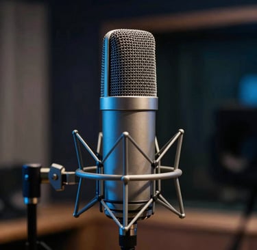A high-end studio microphone in a professional recording booth. The scene is shot in a dark, cinematic style with cool deep blue lighting highlights catching the metallic textures. The background is softly blurred to emphasize the premium equipment. International / Global professional setting.