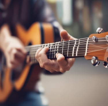 A smiling young woman playing guitar in a bright music classroom.