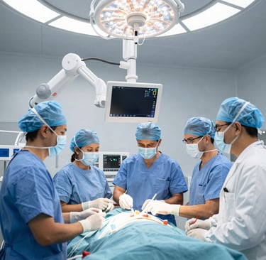 A hospital team collaborating around a digital dashboard displaying AI-driven patient data.