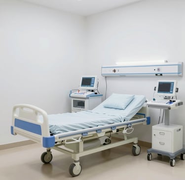 A modern hospital corridor with glowing digital interfaces illustrating AI technology integration