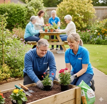 Supported Housing | a man and woman in blue shirts and gloves are gardening | Propakaya Ltd