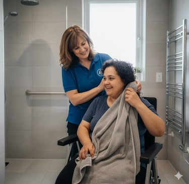Propakaya Ltd | a woman in a wheelchair with a towel on her head | Supported Housing