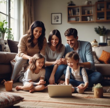 Family having a pillow fight on the couch.