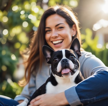 Close-up of a happy pet owner smiling while holding their dog and the product.