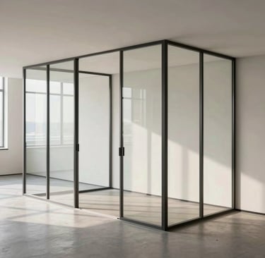 A wide architectural shot of a custom slim-profile steel and glass partition in a modern office. The background is an off-white gallery wall. Soft natural light creates clean lines and subtle shadows on the medium grey floor.