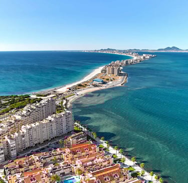 Aerial view of La Manga del Mar Menor coast - serving British expat communities in Los Alcázares and