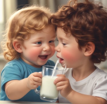 Show a child drinking milk from their glass.